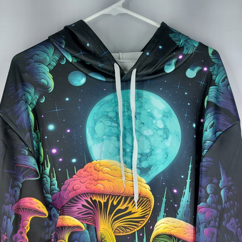 Psychedelic Moon Mushroom Zip Hoodie with Pocket Vibrant Fungi All-Over Print XL - Picture 3 of 7